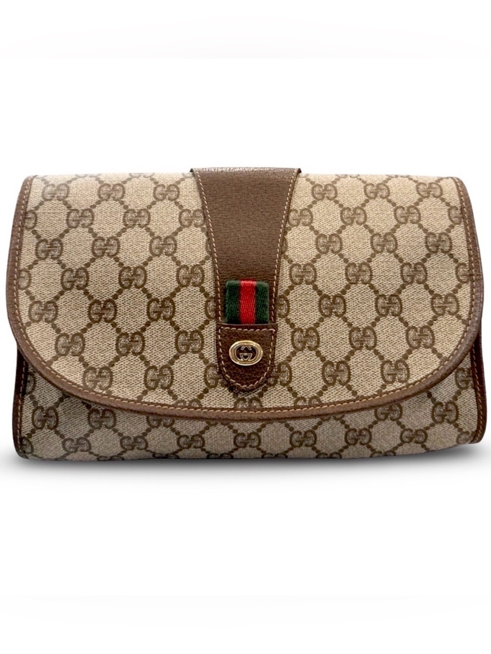 Vintage Gucci GG Supreme Monogram Web Clutch Bag Brown Canvas Leather Crossbody